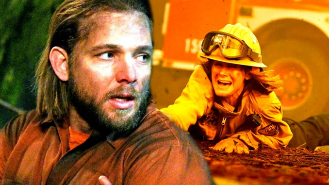 Bode looking tired and dirty while a firefighter is screaming in fire country