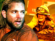 Bode looking tired and dirty while a firefighter is screaming in fire country
