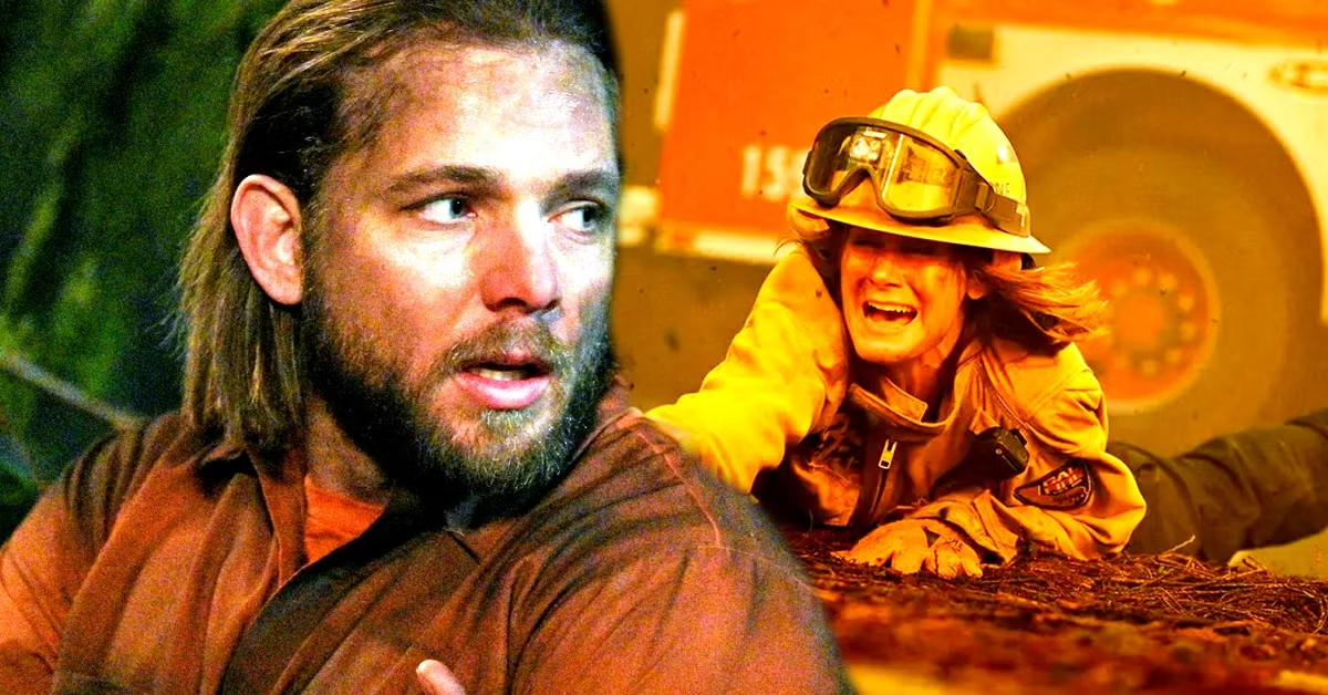 Bode looking tired and dirty while a firefighter is screaming in fire country