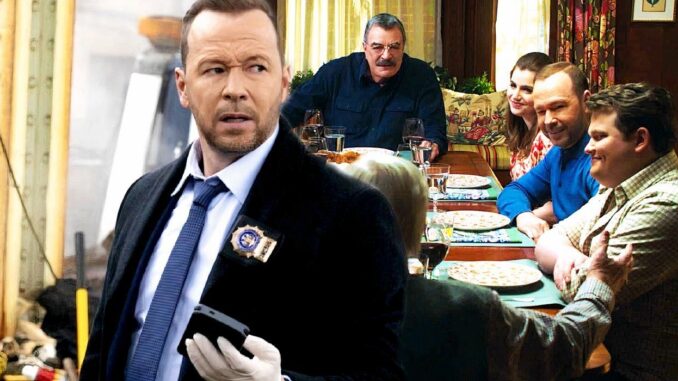 Danny donnie wahlberg at a crime scene in blue bloods while the cast has dinner in one scene